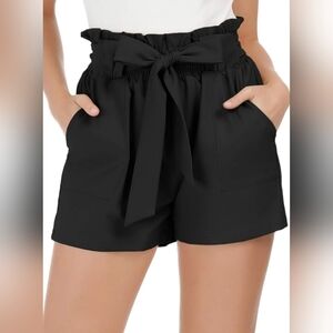 Black Casual Shorts with Pockets Bowknot Tie Waist Belt Lg